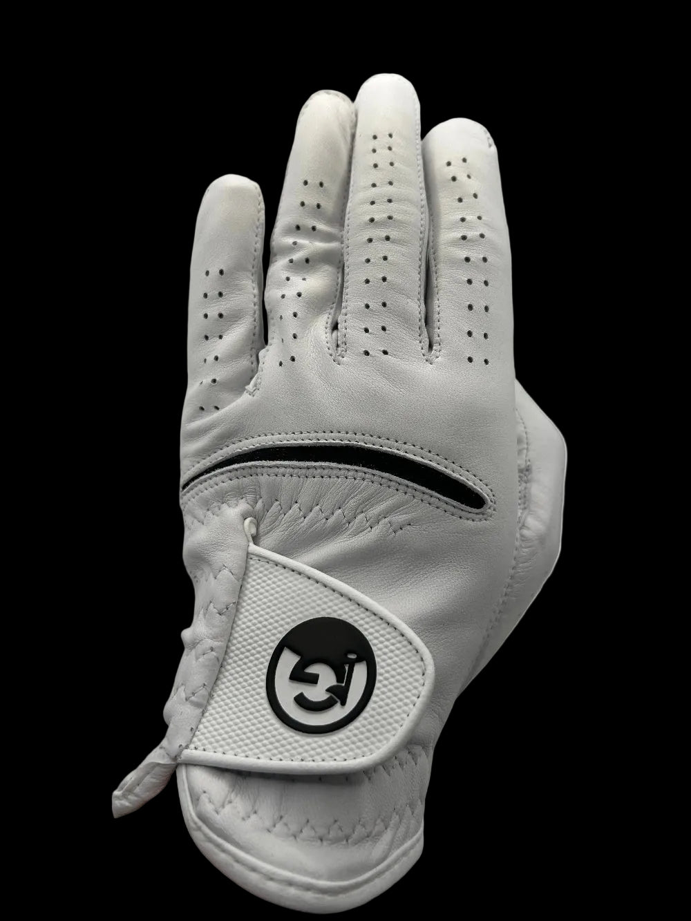 White golf glove with a brand logo on a white background