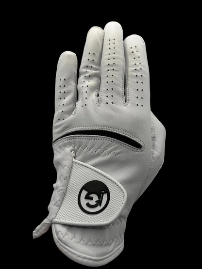 White golf glove with a brand logo on a white background