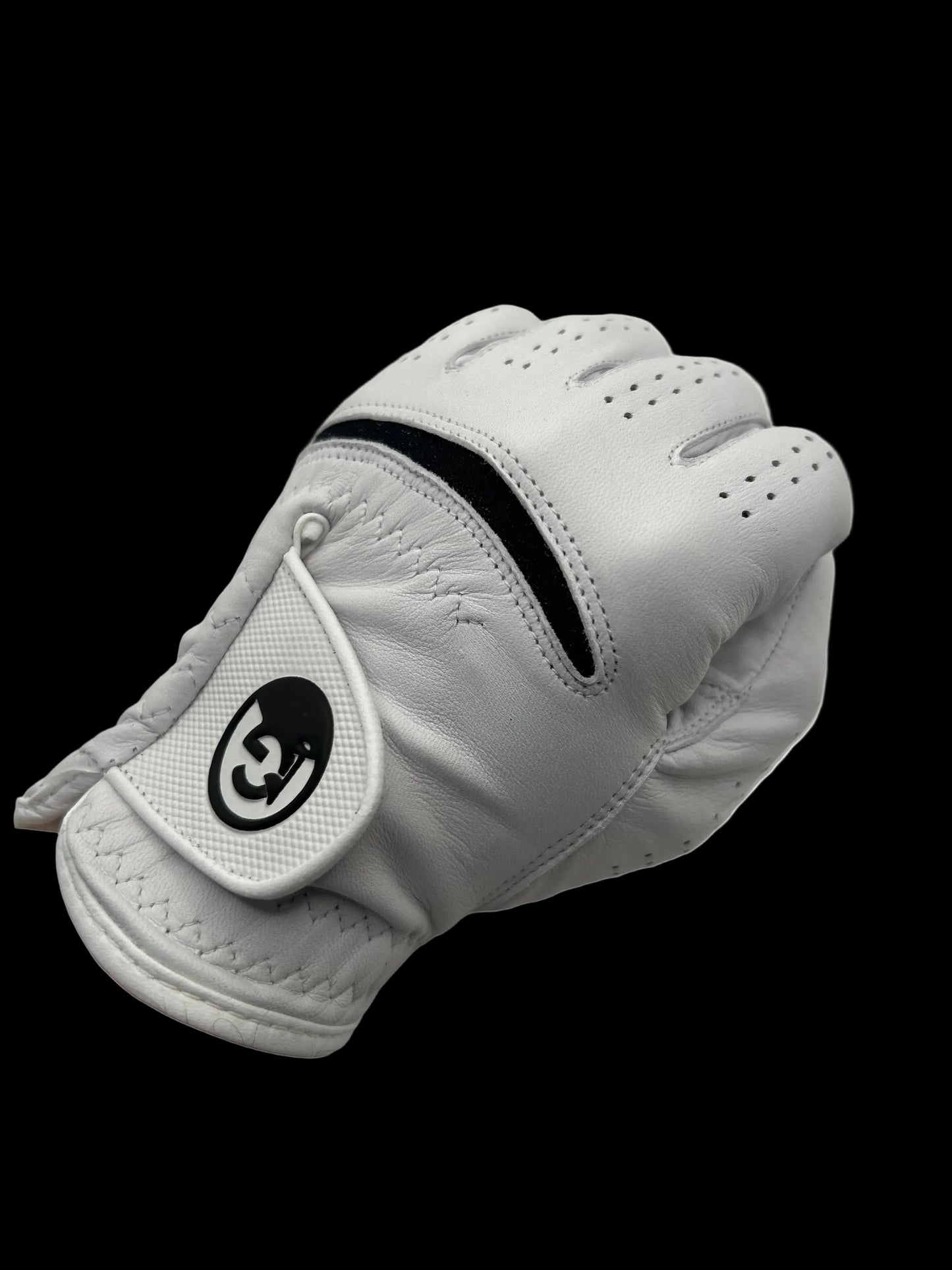 White golf glove with a black logo on a white background