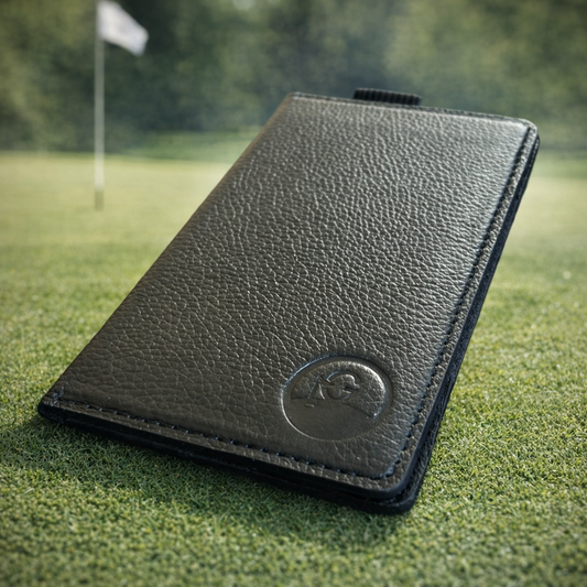 Black leather cardholder on a grassy surface with a blurred golf flag in the background